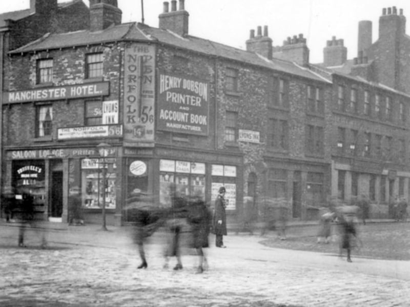 Manchester Hotel, on the corner of Division Street and Holly Street, seen from Barker's Pool, Sheffield, sometime between 1920 and 1939