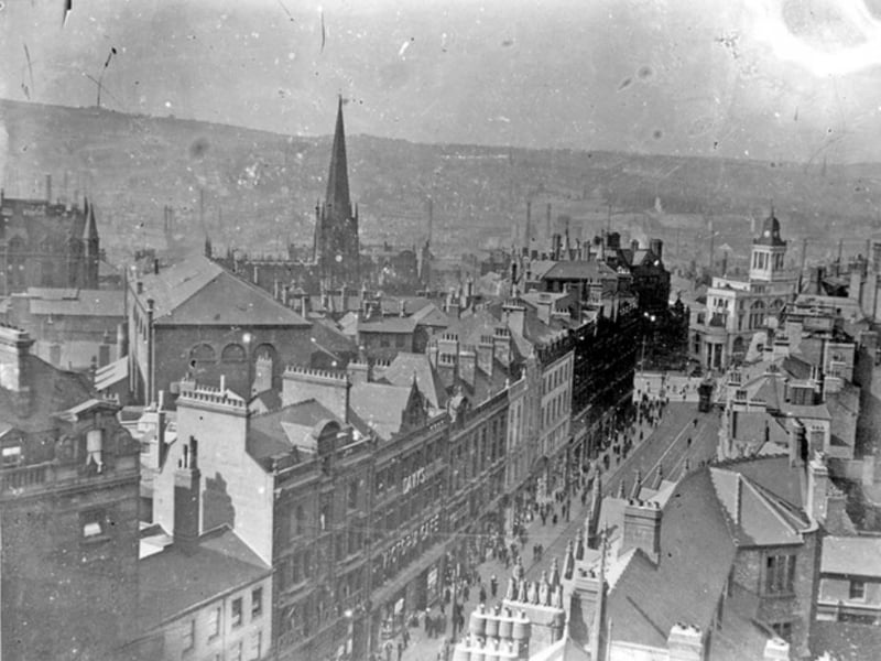 Looking down at Fargate, from the town hall towards High Street, Sheffield, in 1938