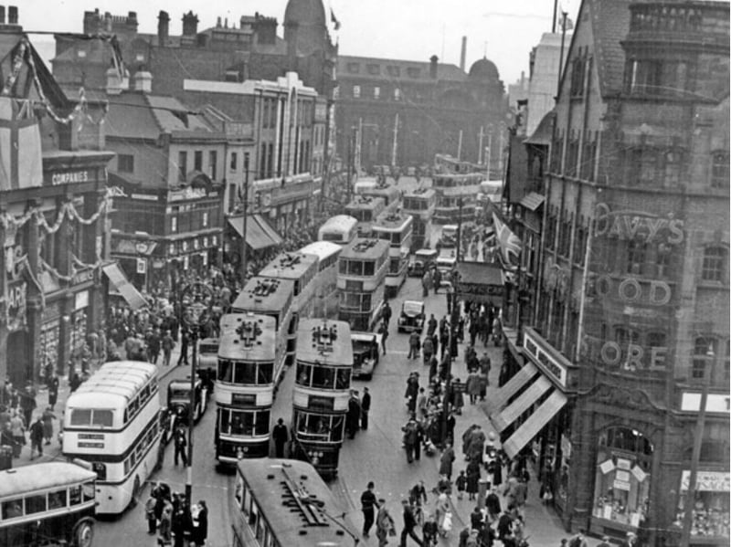 Haymarket, Sheffield, in May 1937, looking towards the General Post Office and Fitzalan Square, with Norfolk Market Hall to the left and Davy's Food Store on the right