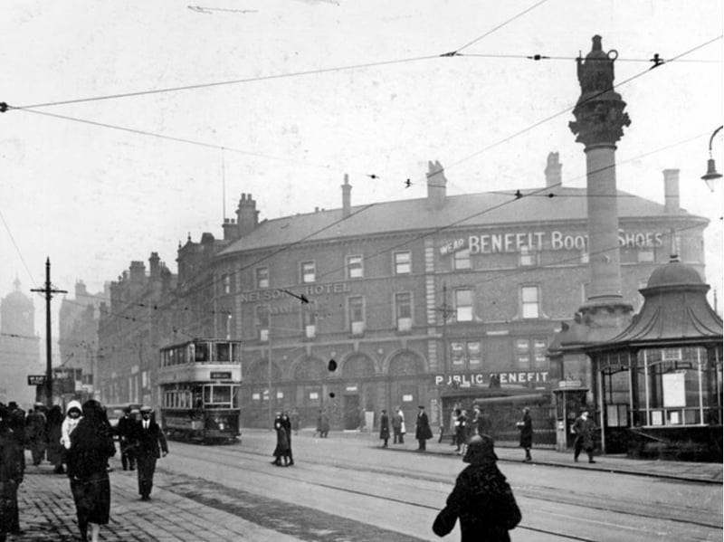 Moorhead, Sheffield city centre, pictured some time between 1920 and 1939, showing the Crimean Monument and the tramway and bus waiting rooms, with the Nelson Hotel in the background
