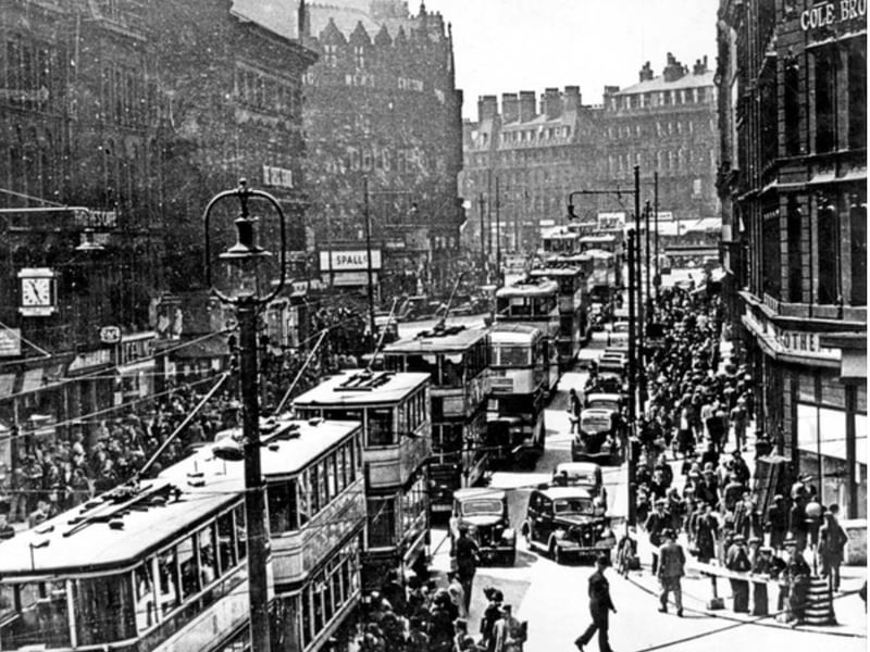 Looking up Fargate, Sheffield city centre, from High Street, in 1937