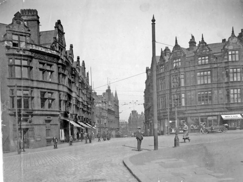 Looking down Church Street, Sheffield city centre, from West Street, with Leopold Street on the right, sometime between 1920 and 1939
