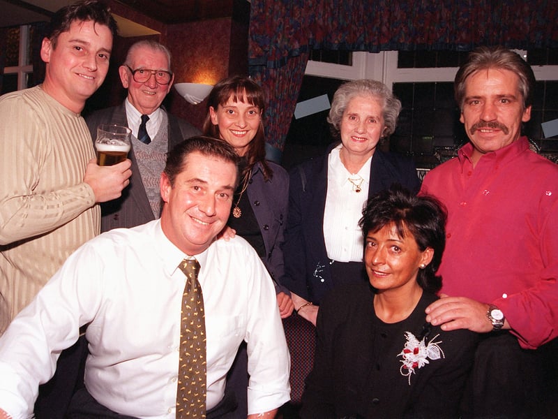 Landlord Terry Oates (front, left) at the relaunch of his refurbished pub, the Stag Inn, Dockin Hill Road, Doncaster, in October 1998. With him are his wife Sharon Oates (front, right) and family members - all currently or formerly in the pub trade - brother Keith Oates, dad Jim Oates, sister Beverley Oates, mum Elsie Oates and brother-in-law Geoff Hield.