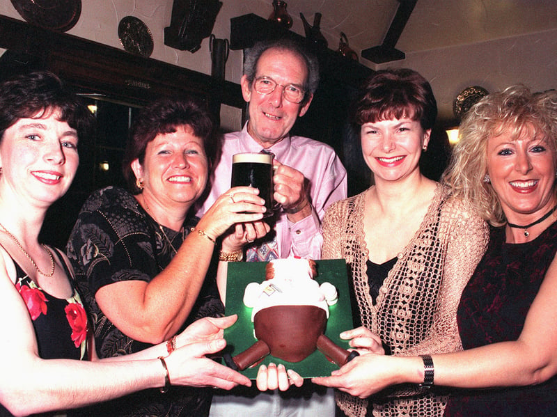 Ron Jones, landlord of the Robin Hood & Little John pub, in Hatfield Woodhouse, celebrates his 65th birthday in February 1999 with a party at the pub where he has been for more than 30 years. He is pictured with his barmaids Susan, Pam, Judith and Denise. Ron was the youngest landlord in Doncaster when he was landlord of the Spreadeagle in 1961. He went on to open The Benbow in 1963, before moving to the Robin Hood in 1965.