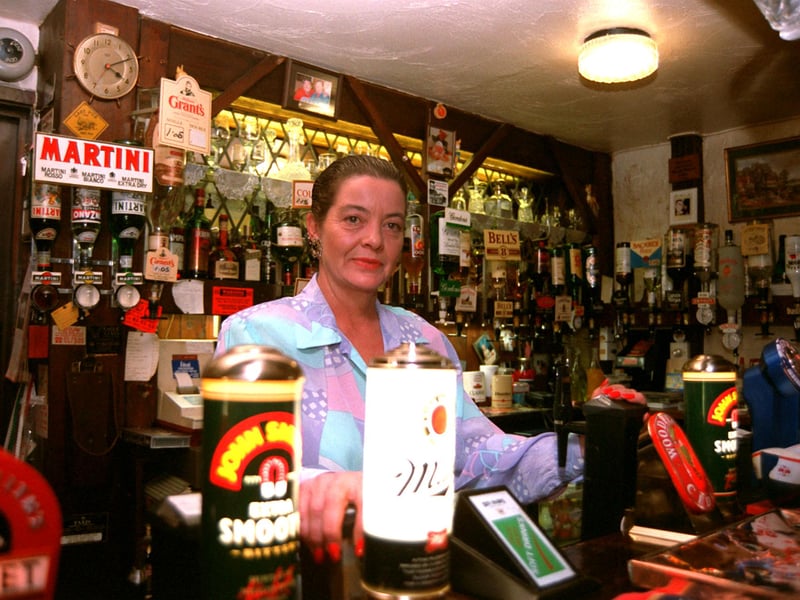 Sandra Caine, landlady of the Yellow Lion pub, Greasbrough, Rotherham, in 1997