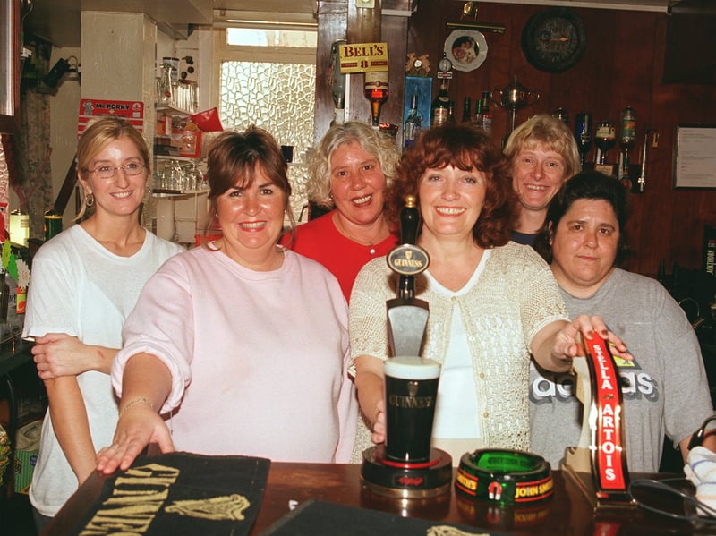 Landlady Sue Bennett (third right) at the Milton Arms pub, Greasbrough, with staff members Debbie Bentley, Julie Maude, Lorraine Nelson, Cath Hemingway and Janice Bolland, in 1999