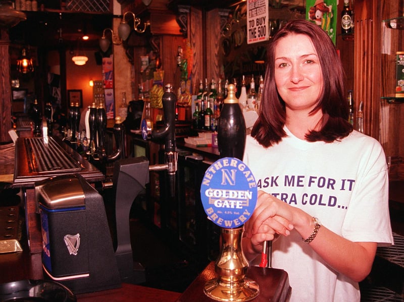 Tracy Haines at Durty O'Dwyers pub, Market Hill, Barnsley, in 1998