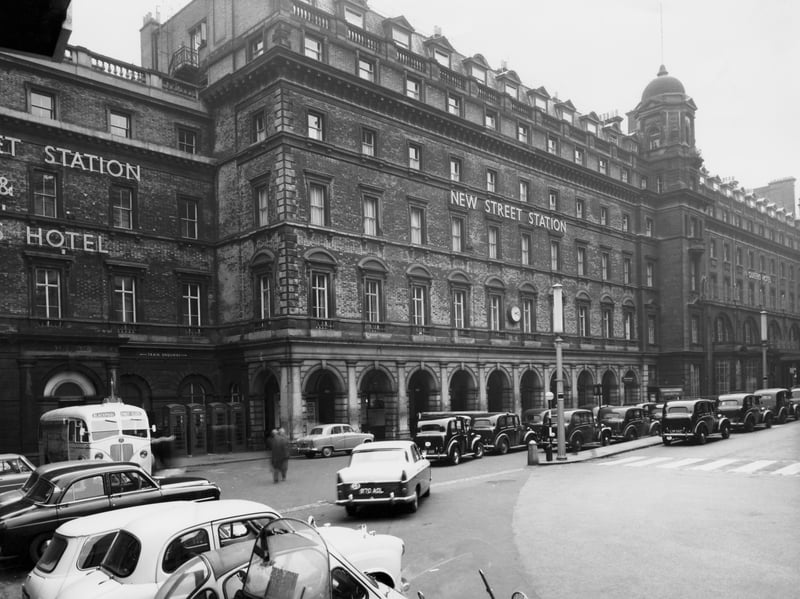 The entrance of the old Birmingham New Street railway station pictured in February 1962. It was demolished and rebuilt between 1964 and 1966.