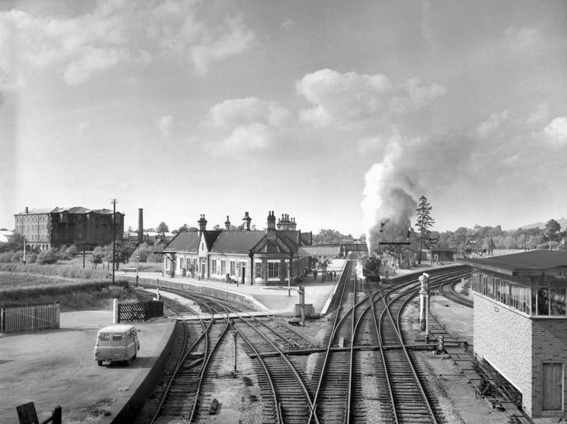 Ashchurch railway station, on the Bristol-Birmingham main line, pictured in around 1960. The station closed in 1971, with the buildings being demolished, but it reopened in 1997.