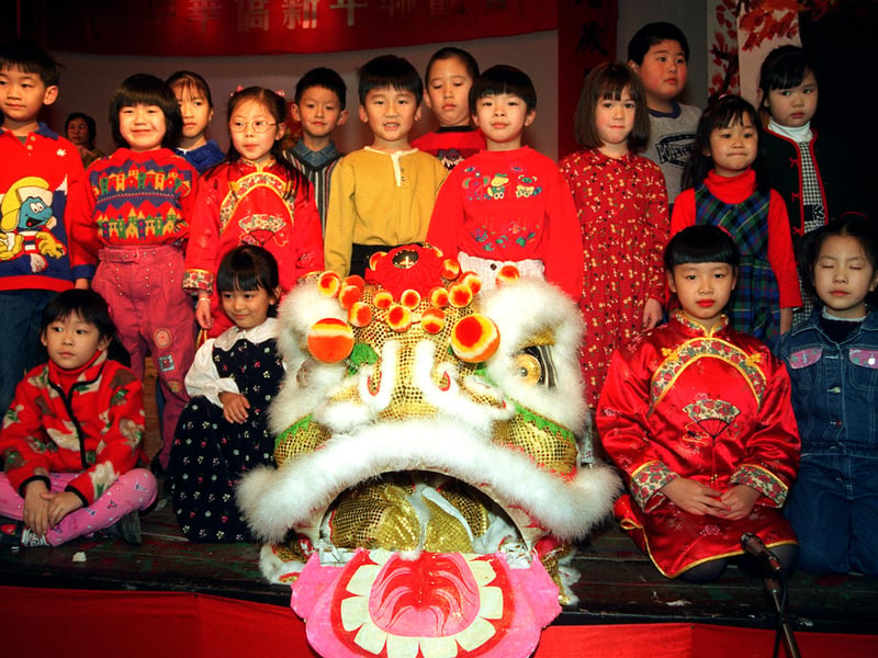 Children at Myrtle Springs School, in Sheffield, get ready for the Chinese New Year Festival in 1998