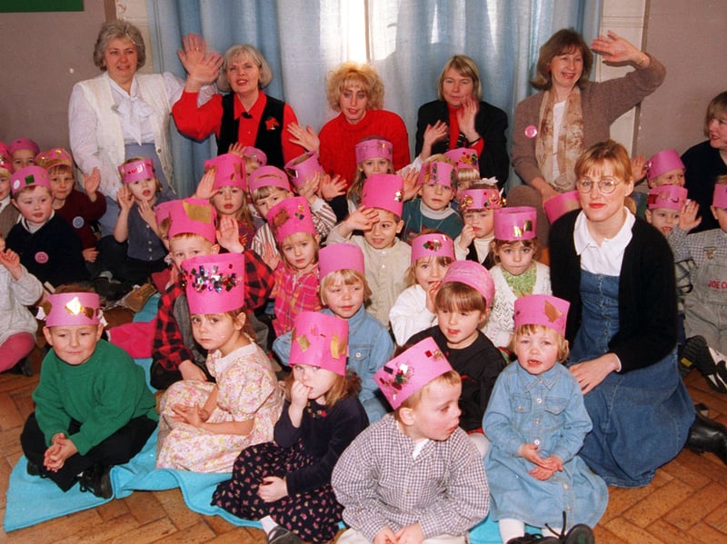 Children and staff at Stanhouse Nursery School, Queen Mary Road, Manor, Sheffield, in 1996, during a final Christmas party before it closes