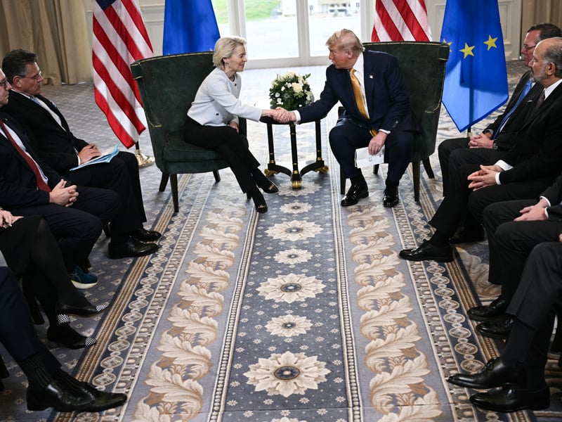 US President Donald Trump with European Commission President Ursula von der Leyen after agreeing on a trade deal between the two economies following their meeting at Turnberry 
