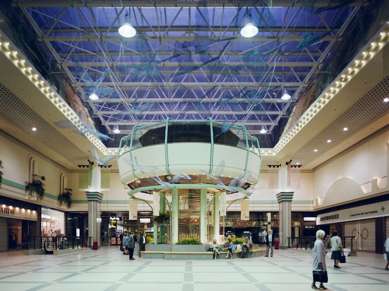 Eldon Square Shopping Centre, Newcastle upon Tyne, in 1987, with the Bainbridge department store's cafe in the pod on stilts in the centre