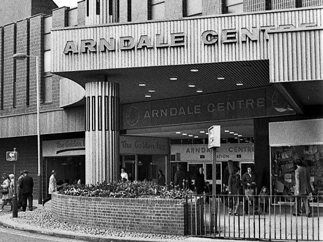 The entrance to the Arndale Centre, Doncaster, in the 1970s, before it became Frenchgate. The Golden Egg cafe is on the left, with Bradley's Records on the right.