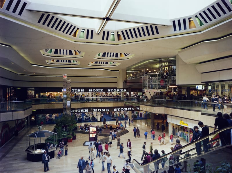 Inside Queensgate Shopping Centre, Peterborough, in 1982, showing British Home Stores and Etam