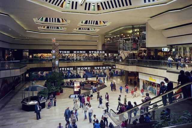 Inside Queensgate Shopping Centre, Peterborough, in 1982, showing British Home Stores and Etam