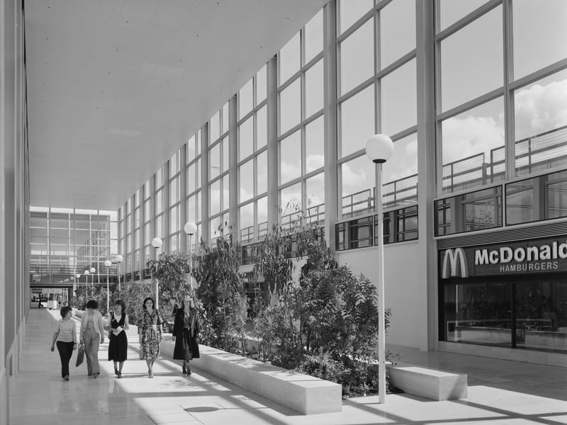 The Shopping Centre, Silbury Boulevard, Milton Keynes, in 1979, with tropical planting in one of the sun-drenched arcades