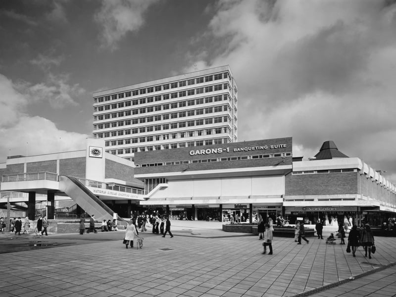 Victoria Circus Shopping Centre, Southend-on-Sea, Essex, in February 1974, with shops including C&A, Mister Byrite Superstore, Salisburys, Foster Brothers, and Van Allan