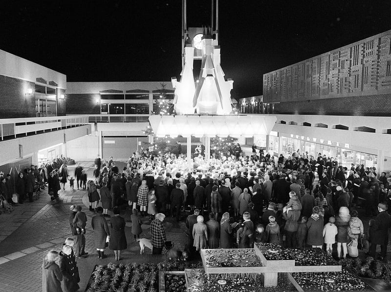 Carol singing at Idlewells Shopping Centre, Sutton-in-Ashfield, in 1971