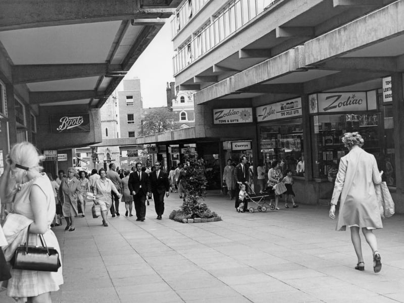 Shops including Boots, Currys and Zodiac in the newly opened Friars Square Shopping Centre in Aylesbury, Buckinghamshire, in September 1970