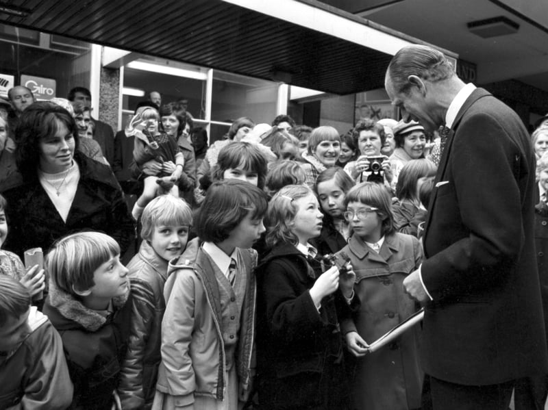Prince Philip at the Kingdom shopping centre in Glenrothes, Fife, in October 1976