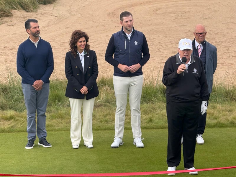 President Trump was joined by Donald Trump Jr, Executive Vice President and general manager of Trump international Golf Links Scotland Sarah Malone, Eric Trump and the CEO of DP World Tour Guy Kinnings.