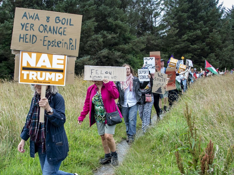 Protestors walk towards Balmedie Beach.