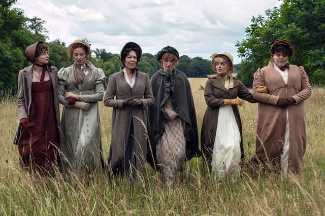 The Bennet sisters and Mrs Bennet from Netflix's Pride and Prejudice. From left, Emma Corrin as Elizabeth, Freya Mavor as Jane, Olivia Colman as Mrs Bennet, Hopey Parish as Mary, Rhea Norwood as Lydia and Hollie Avery as Kitty.