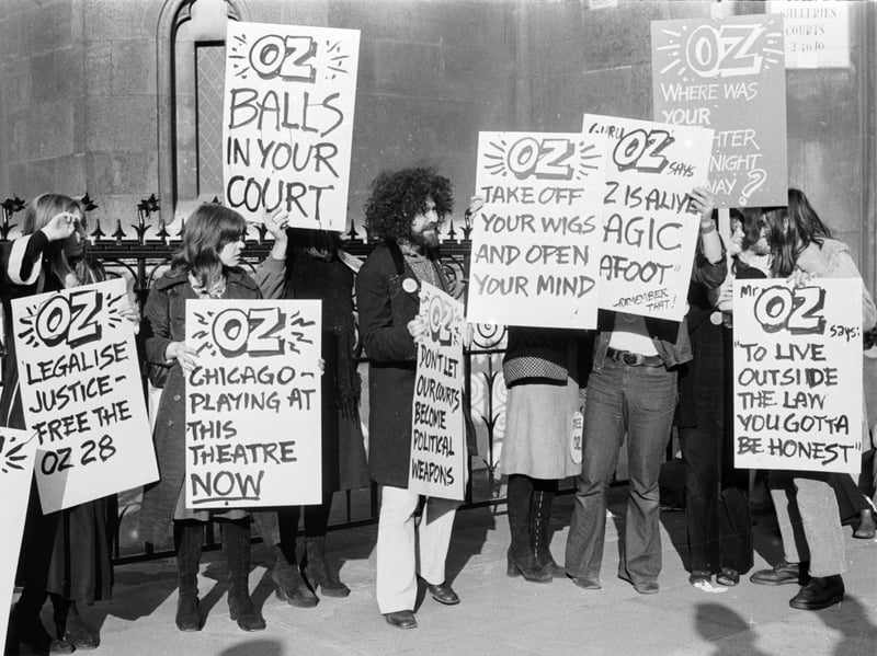 Supporters of the underground magazine Oz protest in November 1971 against the sentences passed on its editors under the Obscene Publications Act