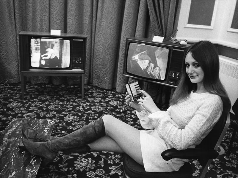 At the launch of Saba Colour Television in the UK in February 1972, Justin Ane demonstrates an ultrasonic remote control to be used with the sets