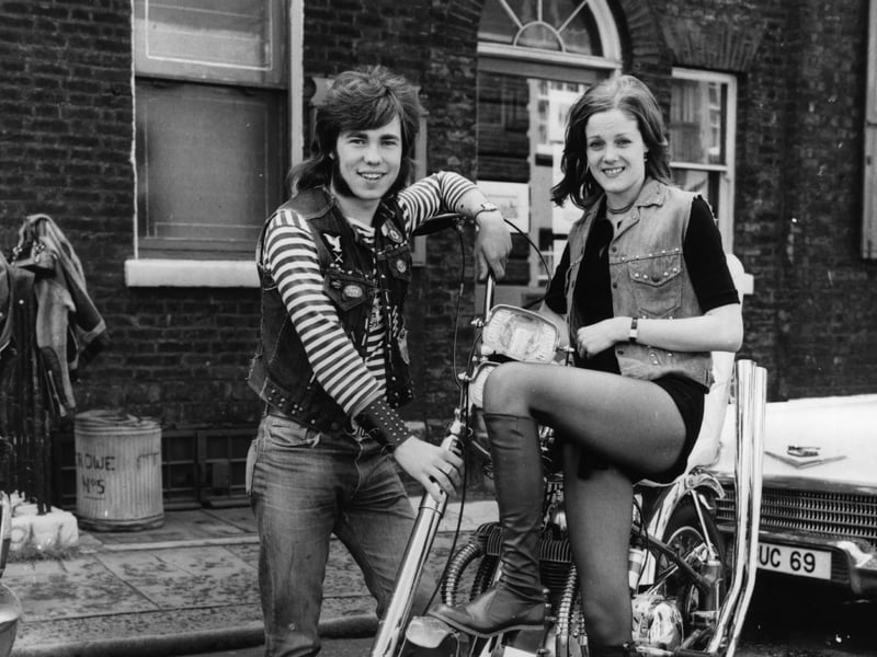 Keith Mead and Pamela Russell with a Chopper-style motorbike in June 1972