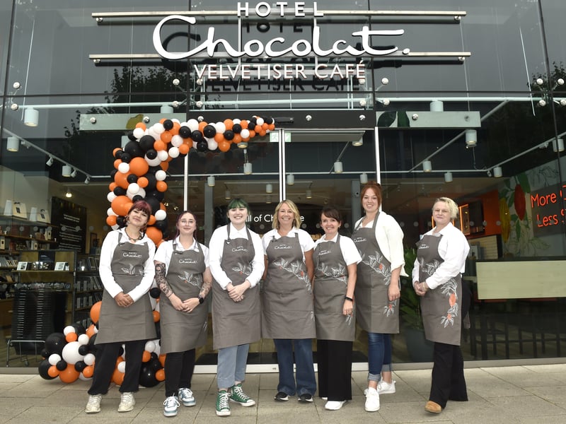 Hotel Chocolat has opened its new velvetiser cafe in Whiteley Shopping Centre.

Pictured is: (l-r) Evangeline, Alex, Sydney, Jennie, Becky, Trudi and Kitty.

Picture: Sarah Standing (310725-7573)
