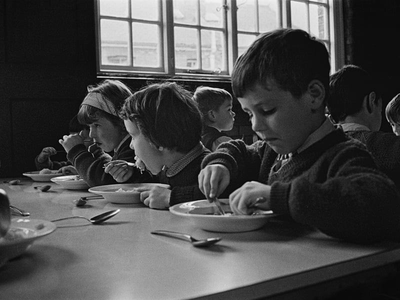 School dinners in the 60s were a stodgy affair, with potatoes and pastry featuring prominently. The smell of boiled cabbage hung heavy in the air, and most pupils dreaded seeing spam fritters on the menu again. Some desserts were more popular than others, with the skin on a wobbly blancmange, and 'frogspawn' tapioca pudding turning many children's stomachs.