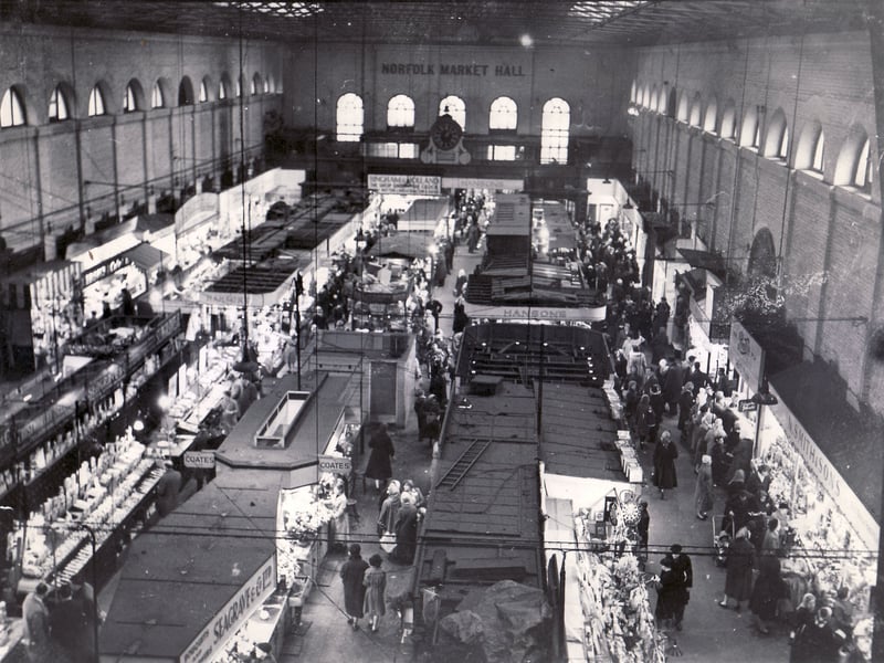 Stalls inside Norfolk Market Hall, Haymarket, Sheffield, in February 1959, shortly before it closed and was demolished