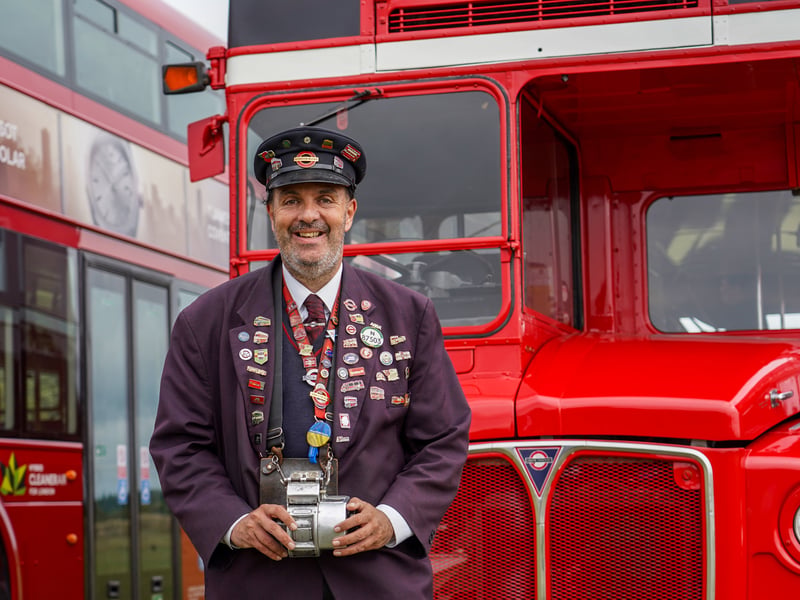 Bus Conductor with London Buses at Stokes Bay Bus Rally in Stokes Bay, Gosport. 

Pictured: Mike McDermott. 

Picture: Alec Chapman