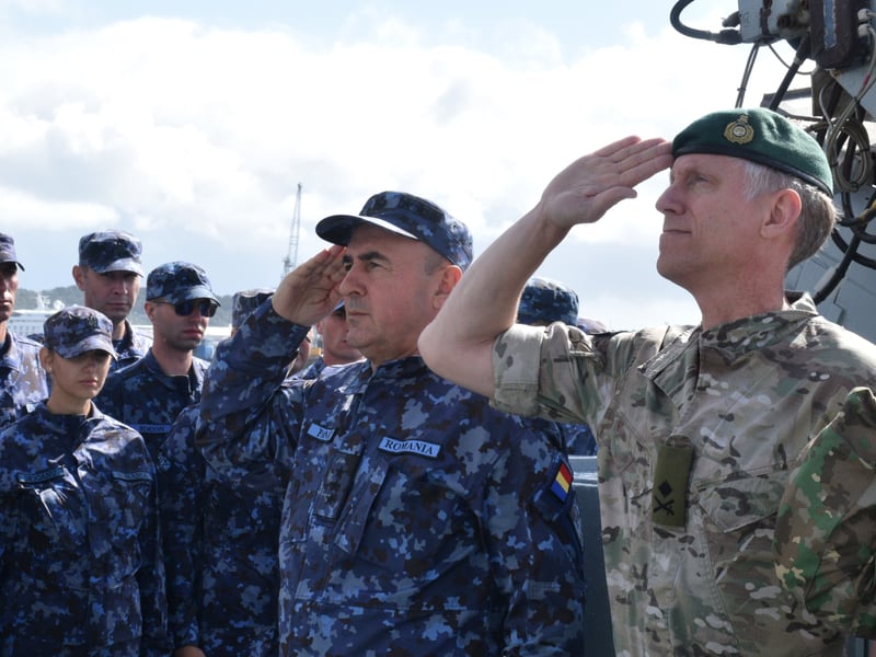 HMS Pembroke has been renamed Capitan Constantin Dumitrescu (M217). Among the senior military figures present include Major General Rich Cantrill and Romanian Chief of the Navy Vice Admiral Mihai Panait.