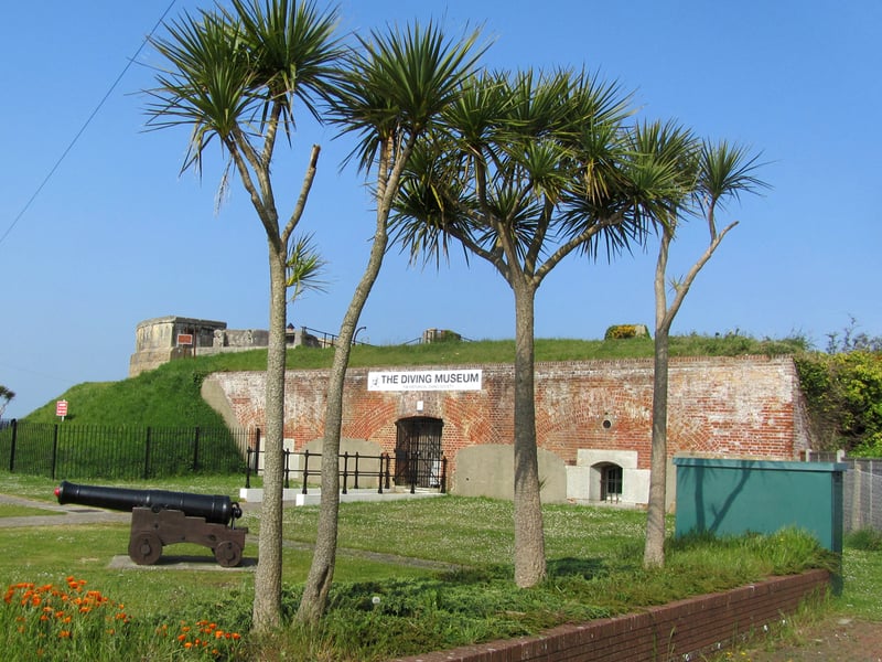 Batteries No.1 and 2 were built in the Stokes Bay area of Gosport, primarily to defend against a sea-borne attack, and are located at the north-west end of the Stokes Bay Lines. They were part of a system of ramparts, moats and batteries built in the 1860s. Historic England says it has extensive problems of damp penetration and condensation affecting the building fabric. The building is partly in use as The Diving Museum, which is currently closed. It has been given a priority F grade and has been described as being in "poor condition".