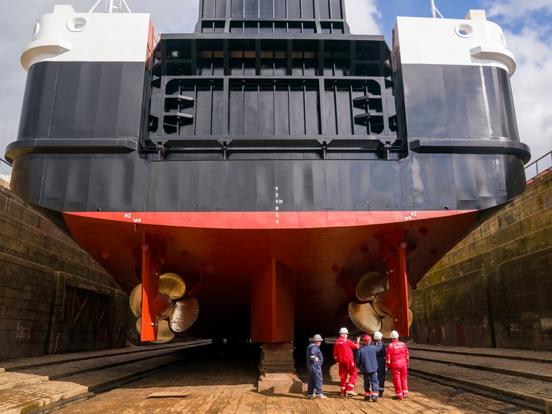 The propellant shafts at the stern of the Glen Rosa are inspected at Dales Marine, Greenock. Picture: Jane Barlow/PA Wire