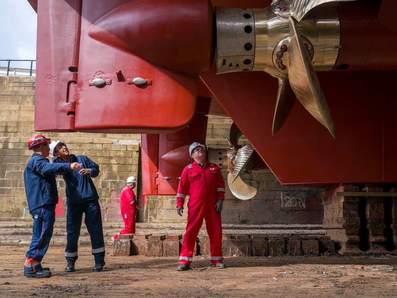 The propellant shafts at the stern of the Glen Rosa are inspected at Dales Marine, Greenock. Picture: Jane Barlow/PA Wire