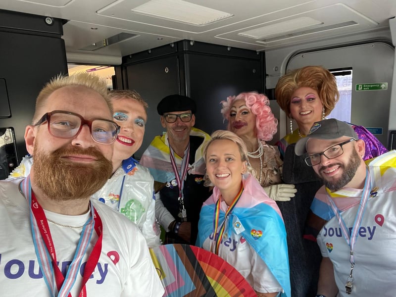 Pride parade on a train in Derby