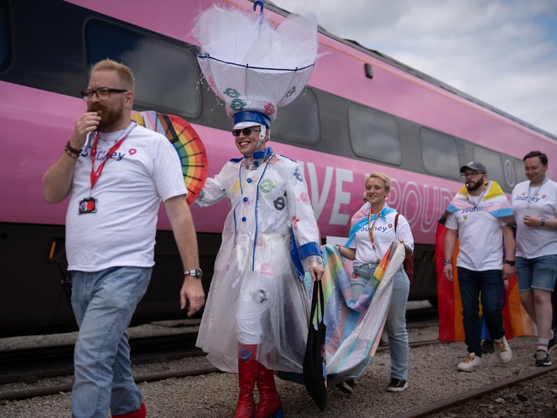 Pride parade on a train in Derby