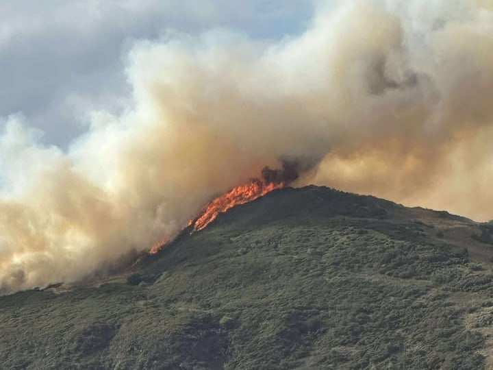 The fire is raging across the hillside and orange flames can be seen for miles.