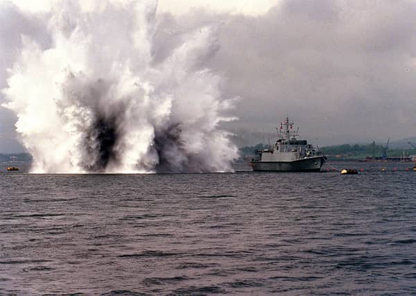 HMS Pembroke, a former Sandown-class minehunter, carried out various operations for the UK before she was retired in 2023. She has since been sold to the Romanian Navy and renamed Căpitan Constantin Dumitrescu. Pictured is the ship destroying a mine.