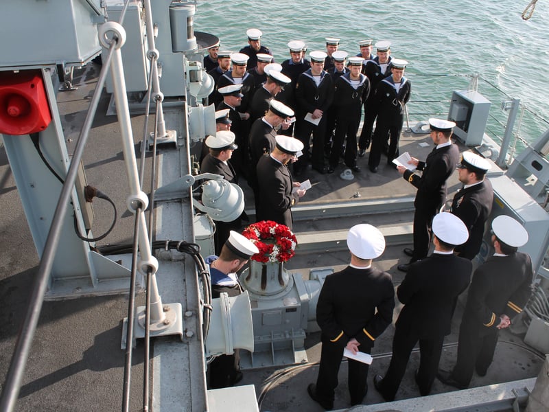 The ship's company of HMS Pembroke paying tribute to the crew of HMS ISIS, a Royal Navy Destroyer that was sunk during the Second World War. The Sandown class Mine Counter Measures vessel visited the wreck in French waters just north of the Normandy coast, where she conducted a short service of remembrance and a wreath laying ceremony. Her divers descended on the wreck of the Destroyer which had sunk in only 21 meters of water.