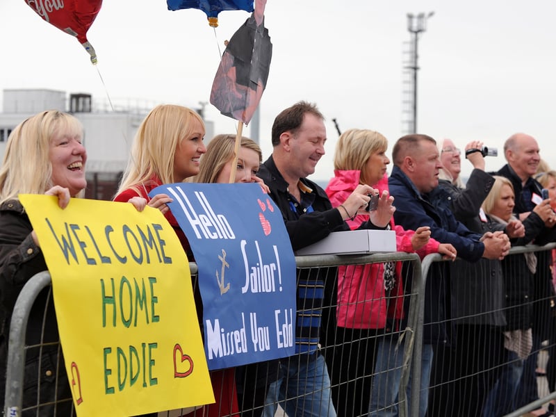 Royal Navy mine hunter HMS Pembroke arriving home to Scotland after a three year mission to the Arabian Gulf. The crew of the high-tech mine countermeasures vessel were given a rousing welcome by over a hundred family members and well-wishers who had gathered at HM Naval Base Clyde for the occasion. HMS Pembroke worked regularly alongside multinational forces during operations and exercises in the region. During her 7,000 mile transit home the vessel was called in to help guard a merchant ship from the threat of piracy in the Gulf of Aden.