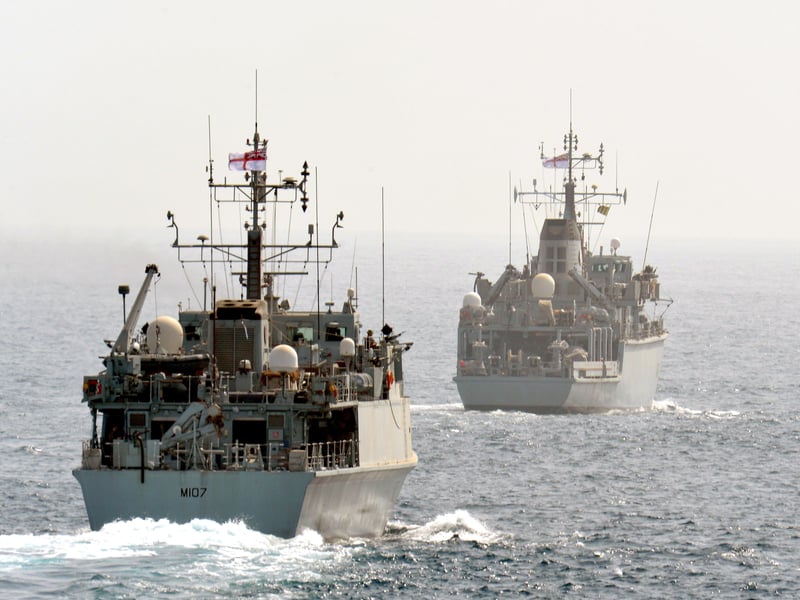 RN Minesweepers are escorted through the Straights of Hormuz by HMS Diamond. HMS Middleton and HMS Pembroke were escorted on their transit through the Straights by the Type 45 Destroyer.