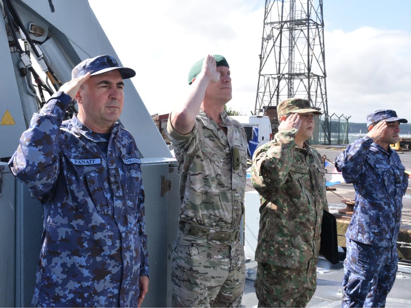 The ceremony in Scotland where HMS Pembroke was officially handed over to the Romanian Navy and renamed Căpitan Constantin Dumitrescu.