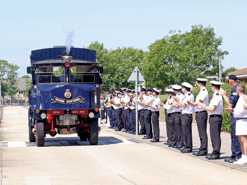 Capt John Voyce OBE RN departing HMS Sultan on the base's historic steam lorry on June 15, 2022. The vehicle is celebrating its 95th anniversary.
