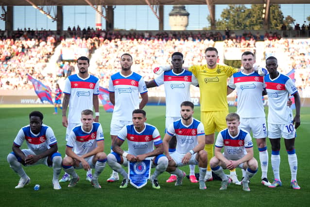 Rangers players line up prior to their Champions League third qualifying round second leg tie against Viktoria Plzen.