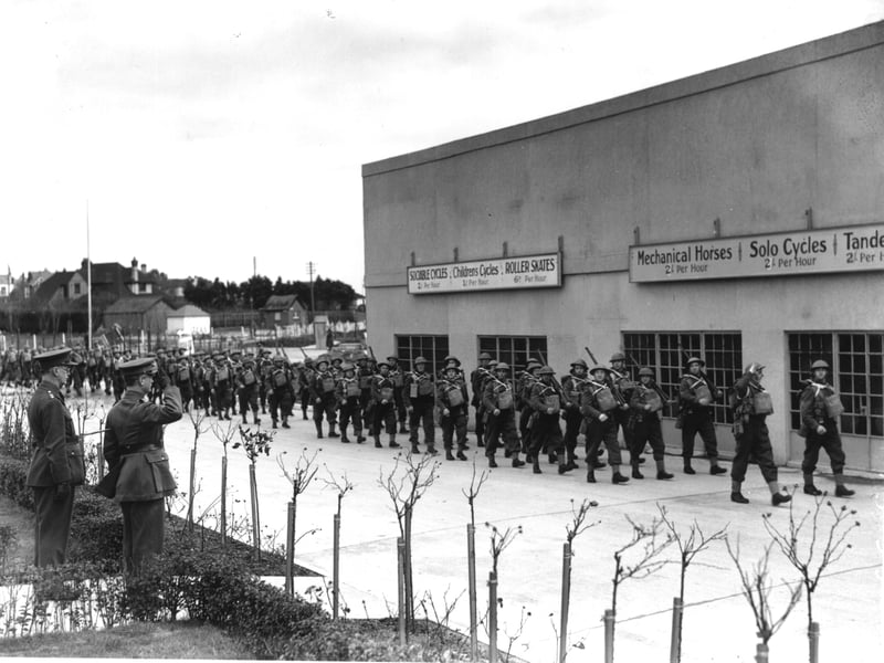 Pioneer corps marching at a military training centre, formerly the Butlin's holiday camp in Skegness, in December 1939